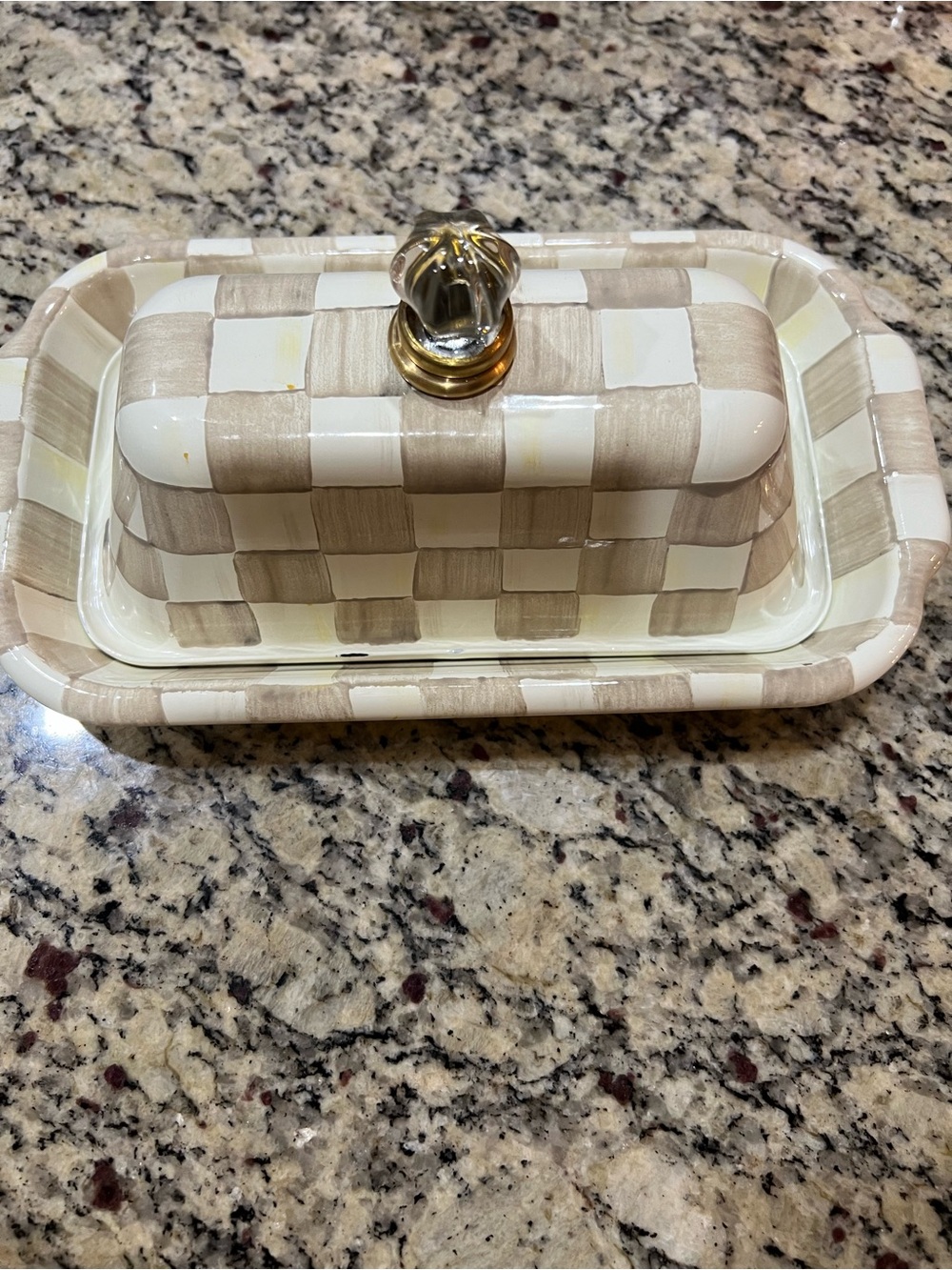 MacKenzie-Childs Mocha Check Butter Dish with Gold Knob